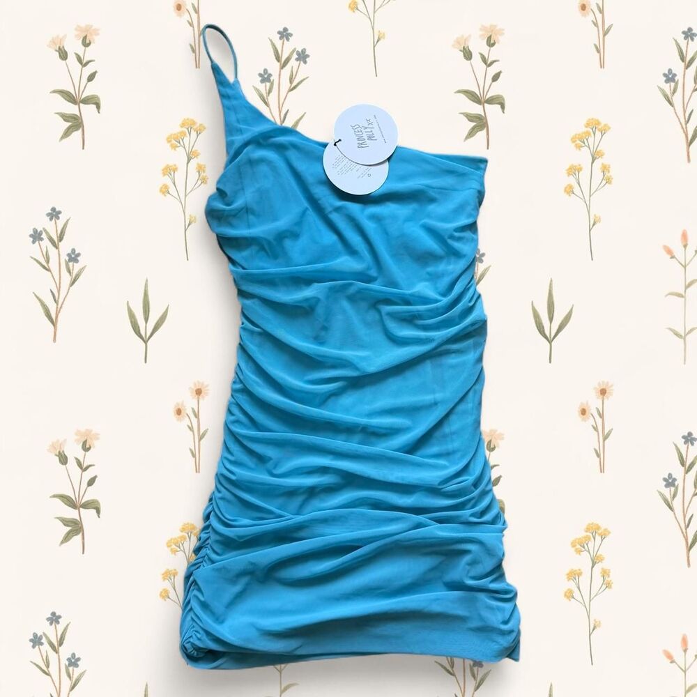 NWT Princess Polly Jocasta One Shoulder Ruched Mesh Mini Dress Blue US 12